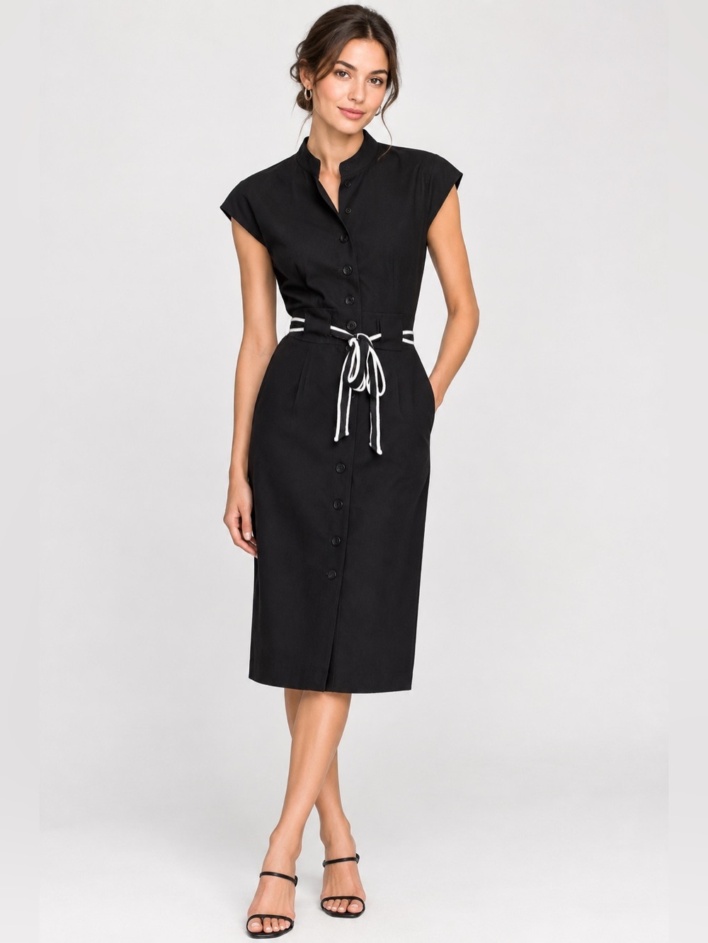 Calvin Klein Black Midi Shirt Dress with Contrast Waist Tie Sz 12